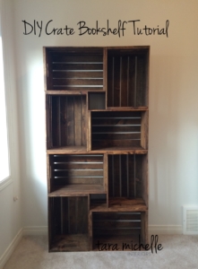 Large bookshelf made of crates stacked on top of each other