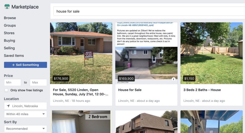 Screenshot of Facebook Marketplace, showing homes for sale