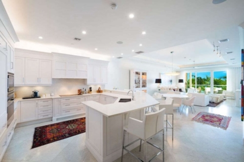 photo of open concept white kitchen to living room